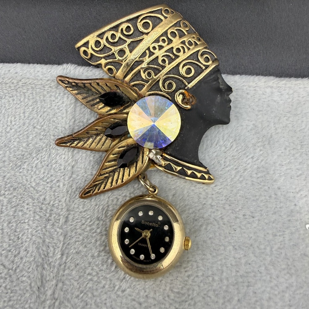 Vintage Bonetto Watch Brooch Egyptian Queen Nefertiti Gold Tone Signed READ